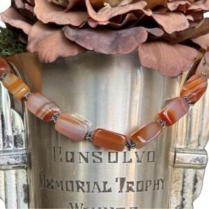 Choker Necklace Rectangular Banded Agate-Like Bead Necklace Peach Coral Silver